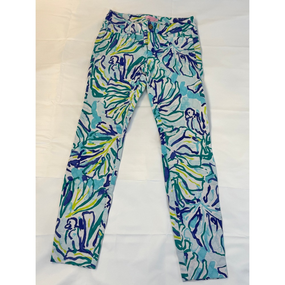 Lilly Pulitzer Kelly Skinny Ankle Pants Blue Green Floral Print Size 00 EUC
